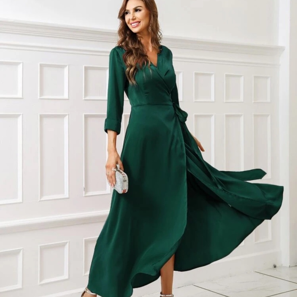 Silky satin maxi Long 3/4 sleeve v neck wrap dress holiday party dark green
